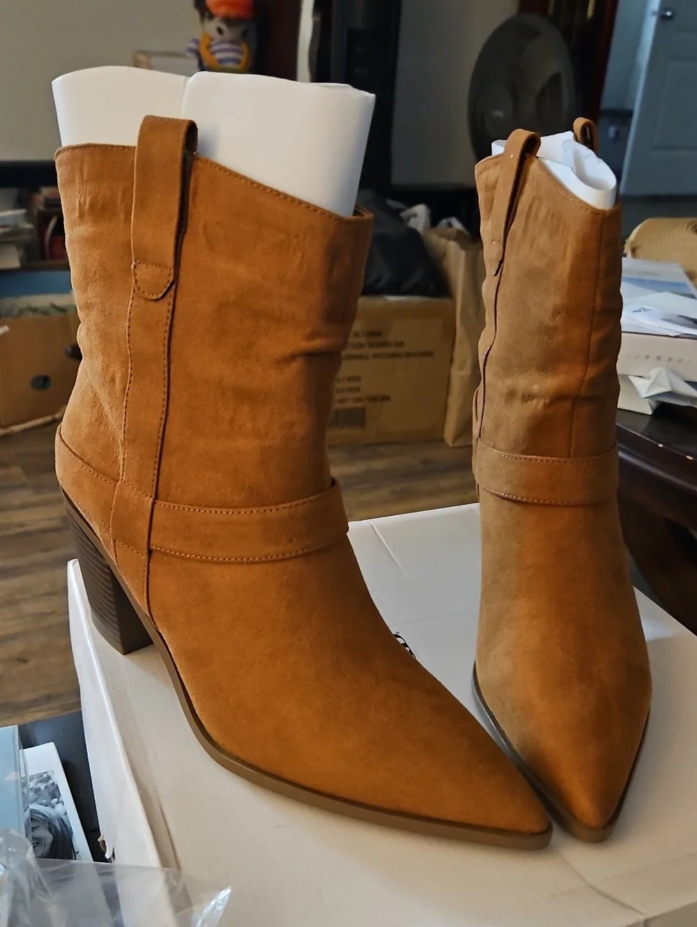 JustFab Tan Suede Pointed-Toe Mid-Calf Booties
